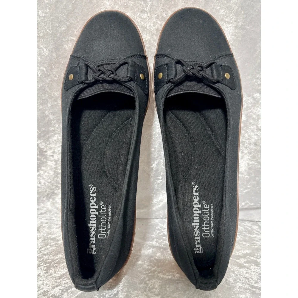 Grasshoppers Betty Black Fabric Cork Wedge Ortholite Slip On Shoes EF57920 8M